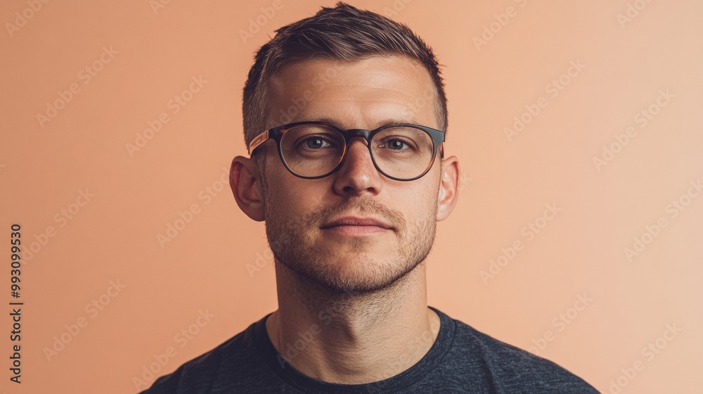 A man with glasses is wearing a black shirt and looking at the camera A man with glasses is wearing a black shirt and looking at the camera