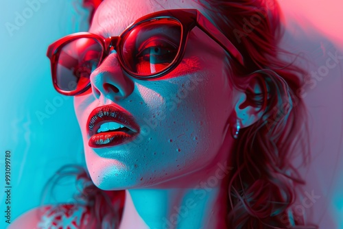 A mockup featuring a female face with a glitching anaglyph photo effect. The image gives a distorted, futuristic, and 3D visual style, perfect for modern and edgy designs.