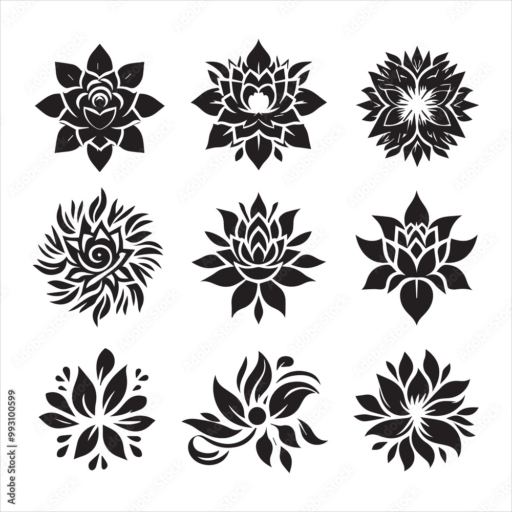 Obraz premium Set of black and white floral vector elements for seamless pattern design