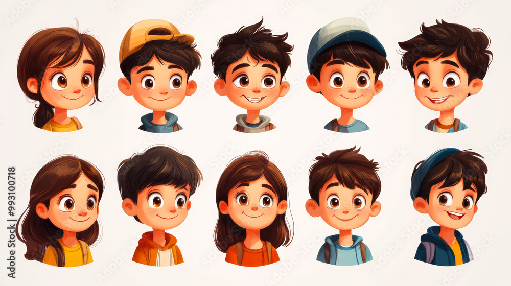 A collection of cartoon characters, both boys and girls, each wearing different hats and outfits, shown in a playful and colorful style. A collection of cartoon characters, both boys and girls, each wearing different hats and outfits, shown in a playful and colorful style.