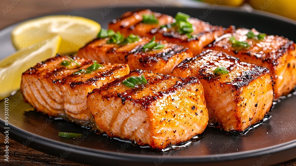 Grilled Salmon with Lemon and Green Onions. Grilled Salmon with Lemon and Green Onions.