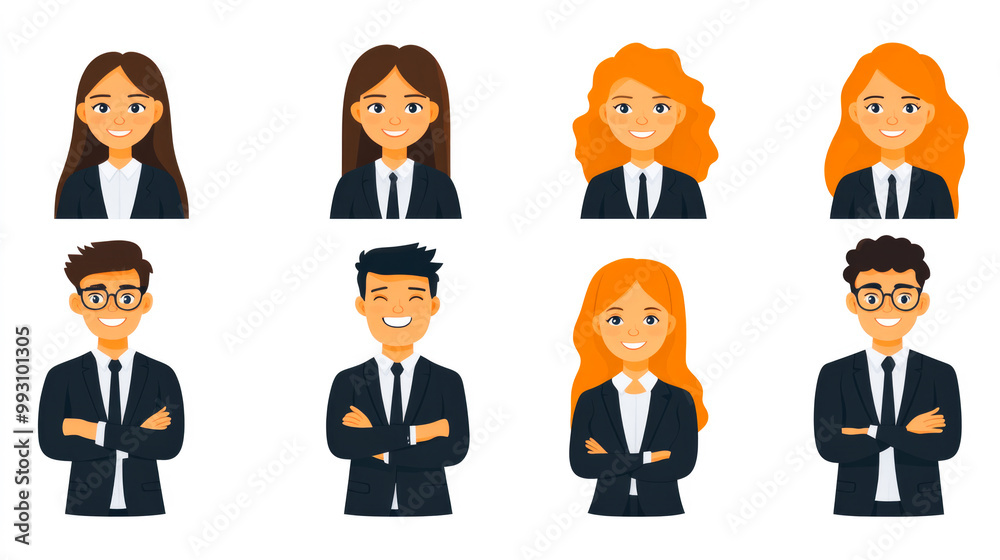Cartoon business characters in suits, embodying professionalism and charm with distinct styles and smiling expressions. Cartoon business characters in suits, embodying professionalism and charm with distinct styles and smiling expressions.