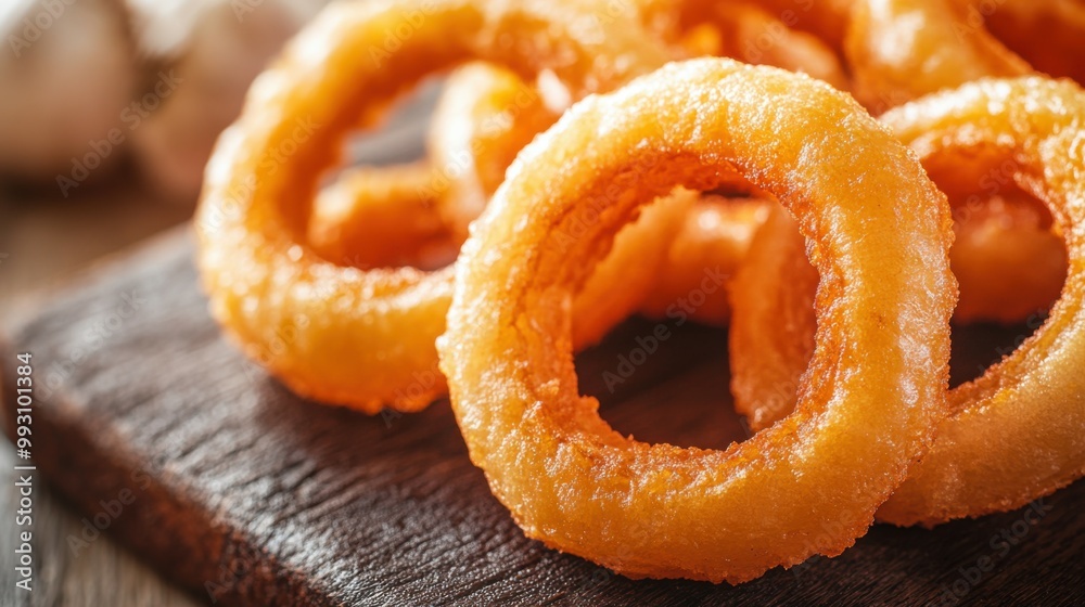 Crispy Onion Rings on Wooden Surface Crispy Onion Rings on Wooden Surface
