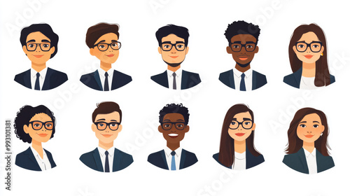 Ten professional avatars with glasses, symbolizing intelligence and style in formal attire, expressing diversity and confidence.