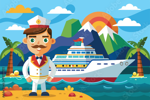A cheerful captain stands on a sandy beach with a cruise ship and scenic mountains in the backdrop, Customize your own cartoon illustration for a cruise.