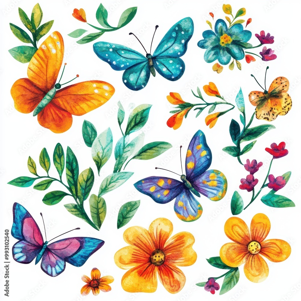 Watercolor Butterflies & Flowe Watercolor Butterflies & Flowe