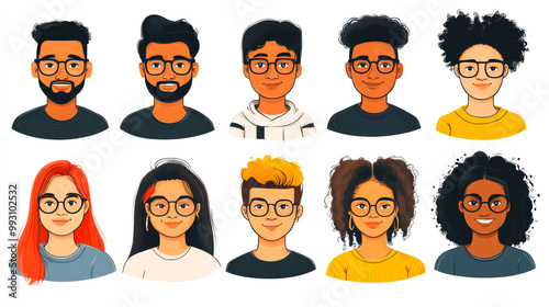 A diverse selection of vector avatars wearing glasses in various artistic styles, emphasizing individuality and creativity.
