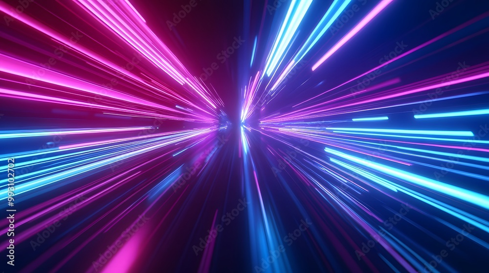 Obraz premium Abstract Neon Light Streaks Converging in a Black Background