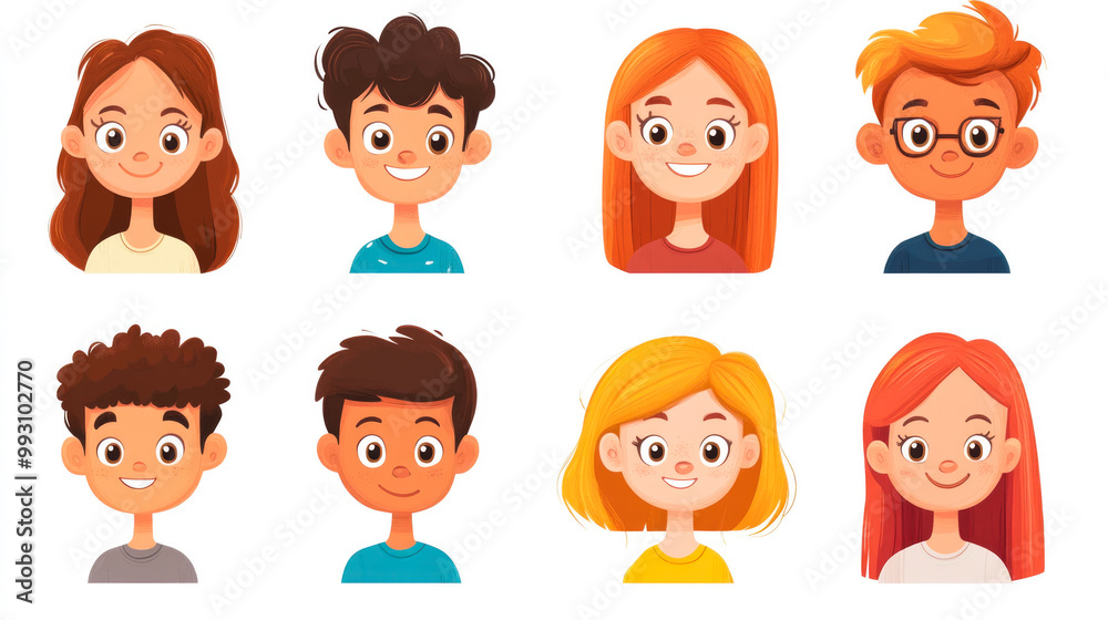 Eight colorful cartoon avatars of children with various hairstyles and facial expressions, on a white background. Vibrant and cheerful. Eight colorful cartoon avatars of children with various hairstyles and facial expressions, on a white background. Vibrant and cheerful.