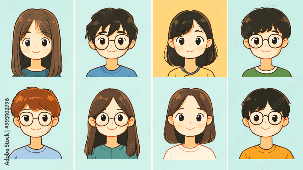 Eight cute cartoon kids with blurred faces and different hairstyles and clothing styles displayed on various colored backgrounds. Eight cute cartoon kids with blurred faces and different hairstyles and clothing styles displayed on various colored backgrounds.