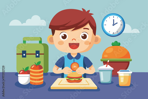 A joyful boy prepares a colorful sandwich on a table surrounded by fruits and drinks, Customize your own cartoon illustration for lunch time.