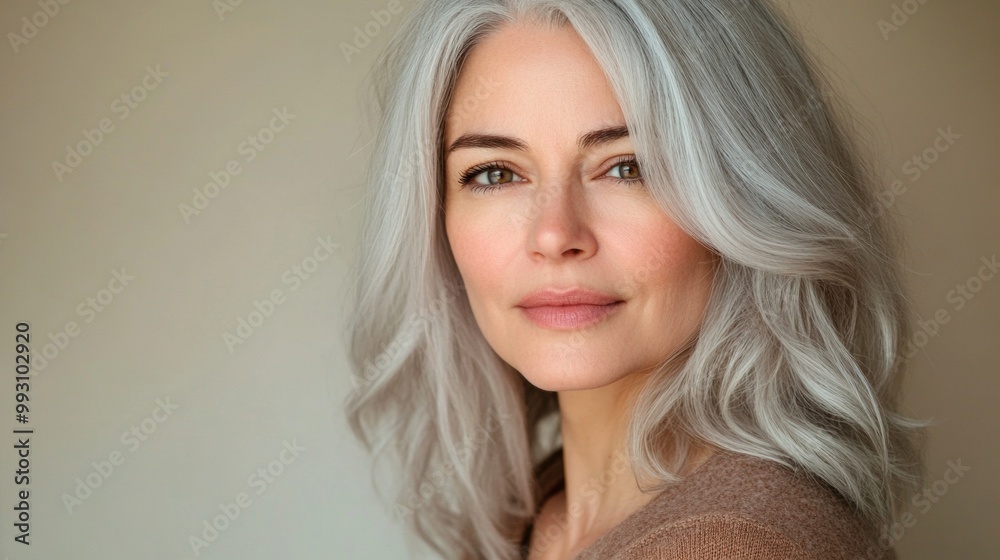 A woman with long gray hair is smiling and looking at the camera A woman with long gray hair is smiling and looking at the camera