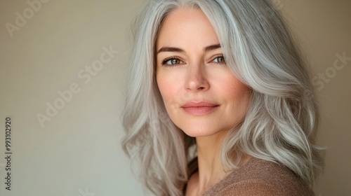 A woman with long gray hair is smiling and looking at the camera