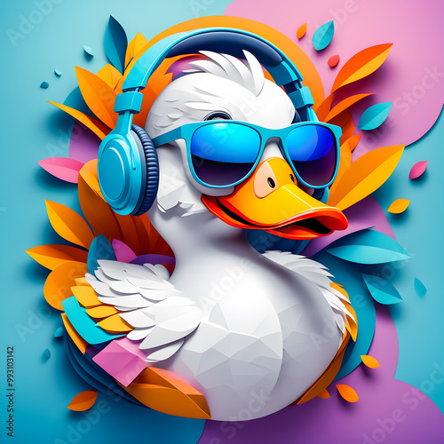 illustration of paper art duck with headphones and sunglasses on the abstract background.