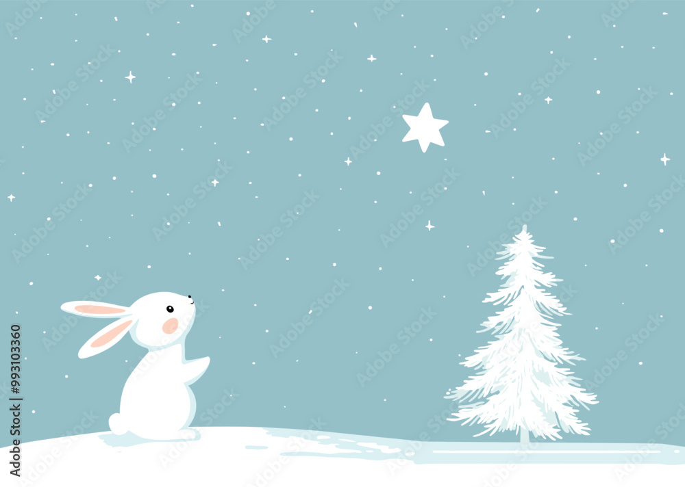Vector illustration of cute baby bunny looking at Christmas star in the sky. Winter forest snowfall. Merry Christmas greeting card Vector illustration of cute baby bunny looking at Christmas star in the sky. Winter forest snowfall. Merry Christmas greeting card