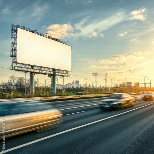 A blank billboard beside a busy highway during sunset, creating a serene yet dynamic atmosphere for advertising opportunities. photo