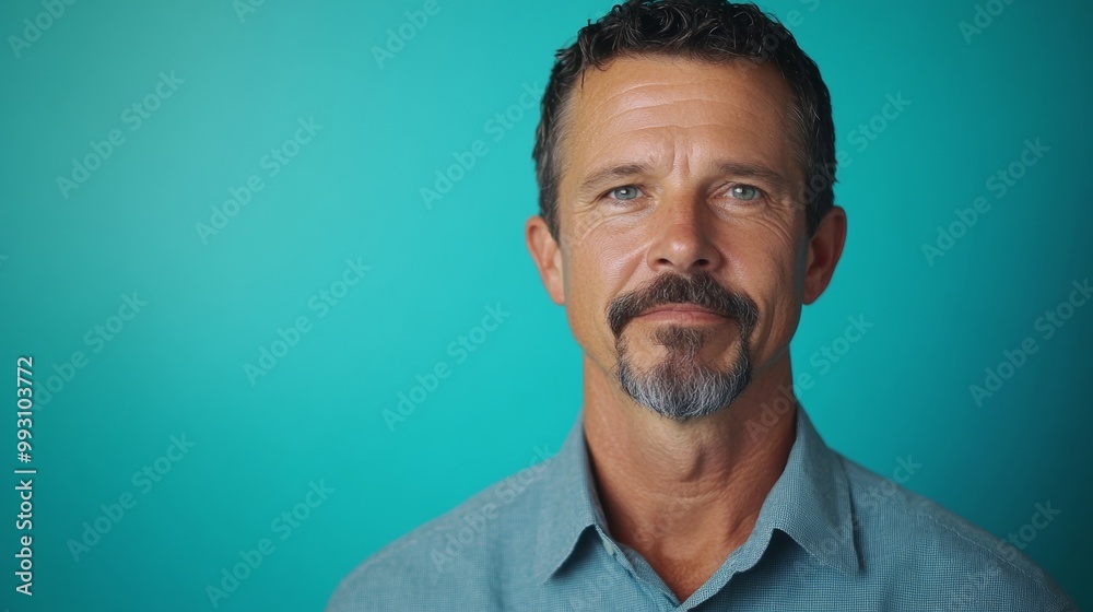 A man with a beard and gray hair is standing in front of a blue wall A man with a beard and gray hair is standing in front of a blue wall