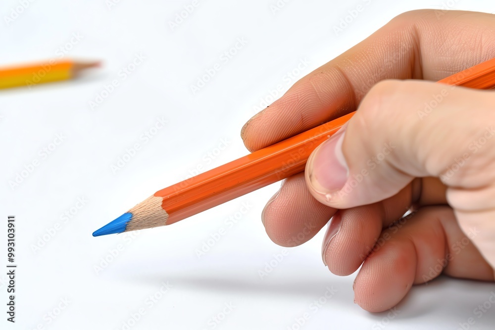 Close-up of a hand holding an orange colored pencil with a blue tip, illustrating creativity and drawing on a white background. Close-up of a hand holding an orange colored pencil with a blue tip, illustrating creativity and drawing on a white background.