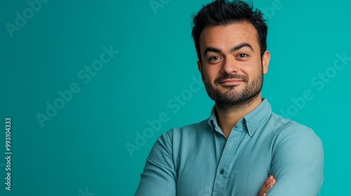 A man with a beard and mustache is wearing a blue shirt and is smiling