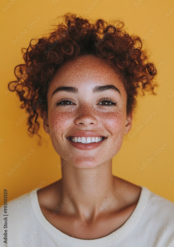A woman with red hair and freckles is smiling at the camera