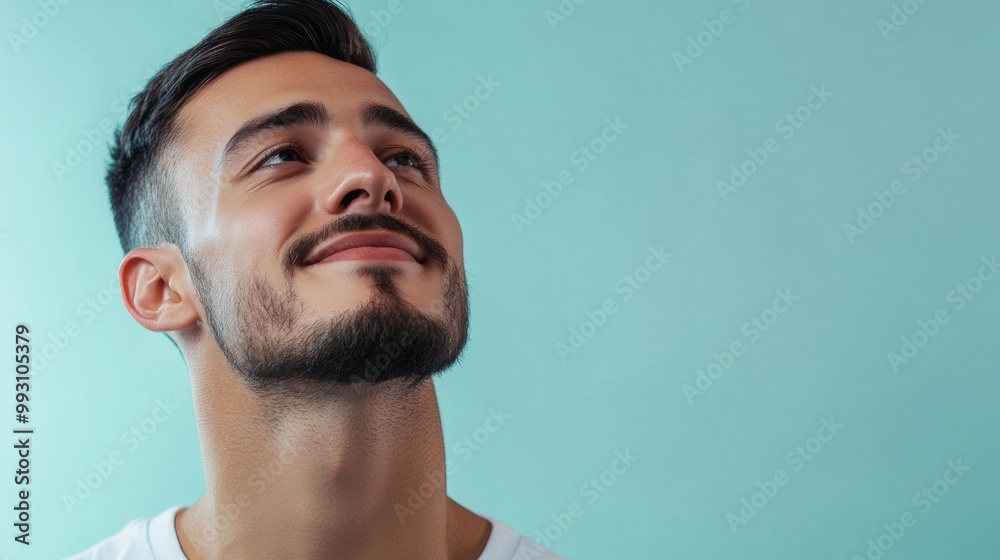 Fototapeta premium A man with a beard and mustache is smiling and looking up at the sky