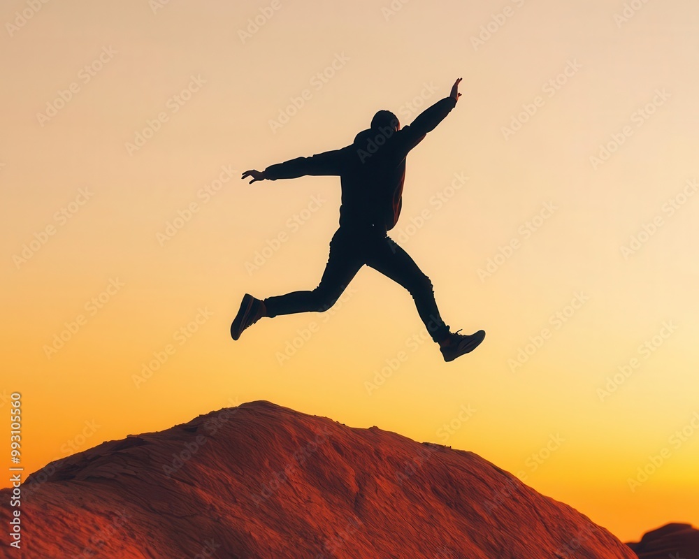 Person leaping over obstacles in desert, agile response, competitive advantage, agility and flexibility