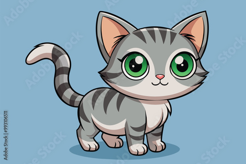 A charming kitten stands with its big green eyes and tiny nose, showing off its playful demeanor and stripes, Cute kitten with big eyes and small nose, flat drawing.
