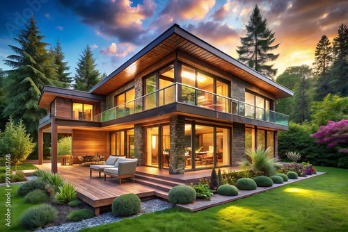This contemporary wooden residence is enveloped by lush nature, showcasing generous windows and a welcoming outdoor