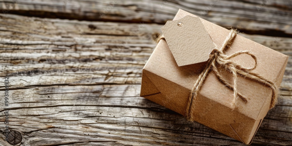 Simple Brown Christmas Gift Box with a Blank Tag on a Rustic Wooden Surface, Festive Background. Simple Brown Christmas Gift Box with a Blank Tag on a Rustic Wooden Surface, Festive Background.