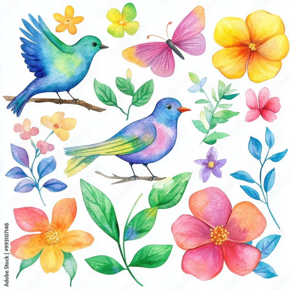 Watercolor Birds & Flowers. Watercolor Birds & Flowers.
