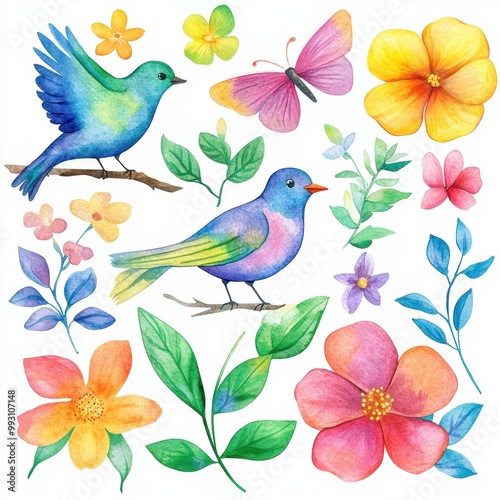 Watercolor Birds & Flowers.