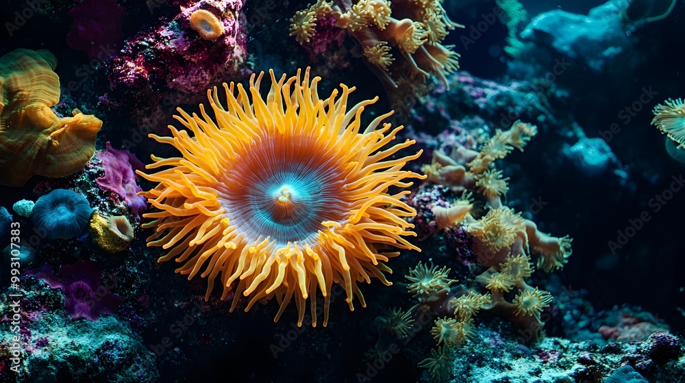 Naklejka premium A vibrant yellow sea anemone with tentacles outstretched against a dark blue background