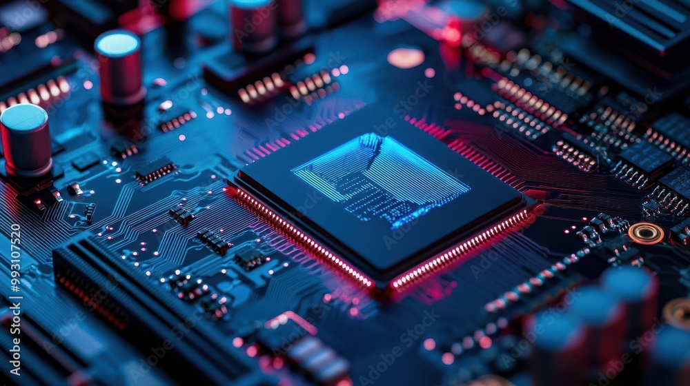 Fototapeta premium Semiconductor cooling system with blue energy flow, advanced cooling, semiconductor technology, thermal management