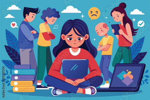 A customizable illustration depicts students experiencing cyber bullying, highlighting emotional distress, Cyber bullying illustration, customizable and flat.