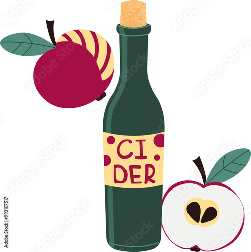 Apple cider. Color drawing, bottle and apples. Vector.