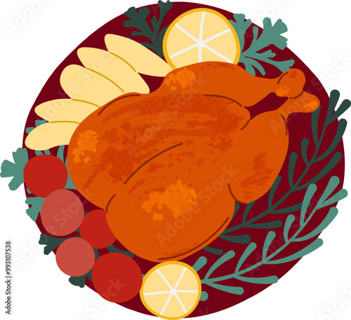 Roast turkey on a platter with vegetables. Top view. Color image. Vector.