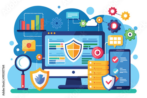 This flat illustration features a computer and smartphone displaying cybersecurity data analysis tools and graphics, Cybersecurity data analysis services, flat illustration.