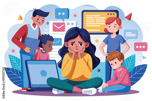 A group of teens observing a girl who appears distressed due to online bullying, Cyber bullying with customizable and disproportionate illustrations.