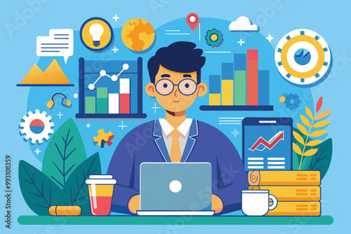 A professional analyzes data on a laptop with charts and graphs while seated in a lively workspace, Data analysis expert, flat illustration