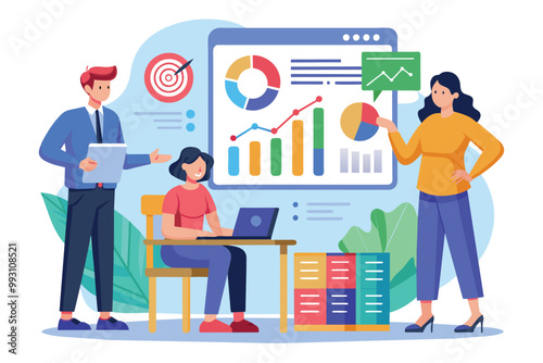 A team discusses data analysis with charts and graphs displayed on a digital screen while seated, Data analysis presentation with a simple illustration.