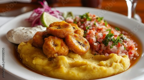 Authentic Puerto Rican Mofongo at a Vibrant Restaurant with Mashed Plantains and Pork Cracklings