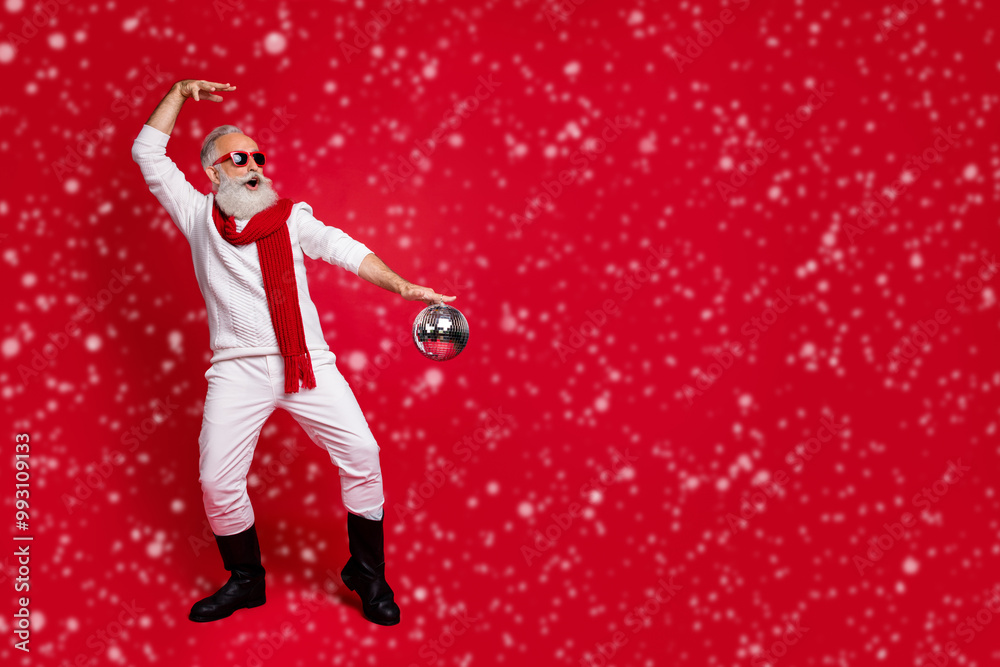 Full length body size view of nice handsome cheerful positive careless carefree gray-haired man in pullover sweater pants boots having fun celebratory isolated on bright vivid shine red background Full length body size view of nice handsome cheerful positive careless carefree gray-haired man in pullover sweater pants boots having fun celebratory isolated on bright vivid shine red background