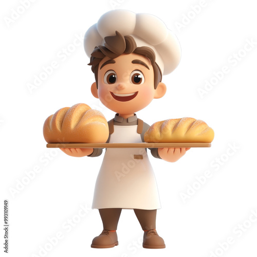 Cute 3D Cartoon Baker Character Holding Breads