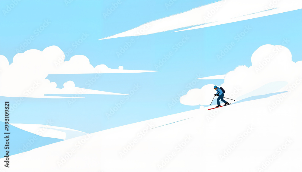 Stylized skier ascending a snowy slope, minimalistic design, bright blue sky Stylized skier ascending a snowy slope, minimalistic design, bright blue sky