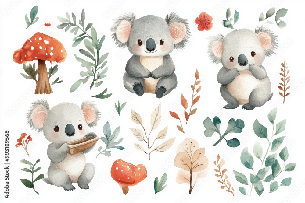 Naklejka premium Cute Koala Watercolor Clipart.