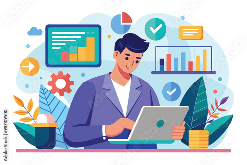 A focused data analyst analyzes trends on a tablet while surrounded by vibrant charts and graphs, Data analyst using tablet and internet, flat illustration.