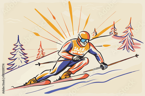 Dynamic Alpine Skier Racing Downhill on a Sunny Day
