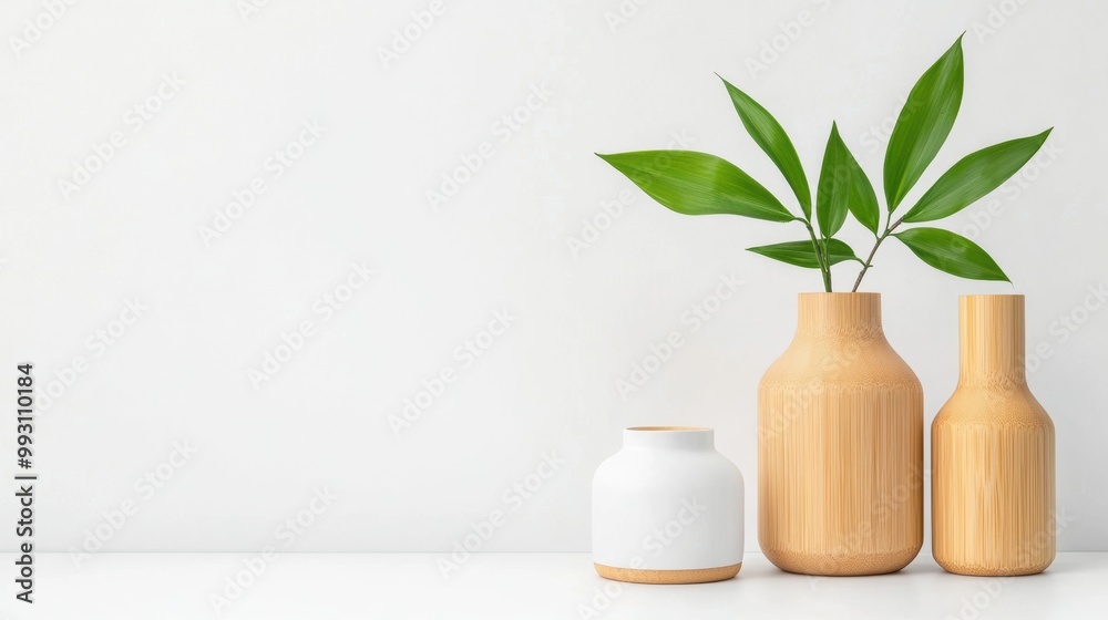 Elegant Vases with Green Leaves on Minimalist Background