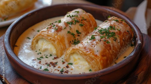 Delectable Croatian Strukli in Rustic Setting with Creamy Sauce Delightfully Presented photo