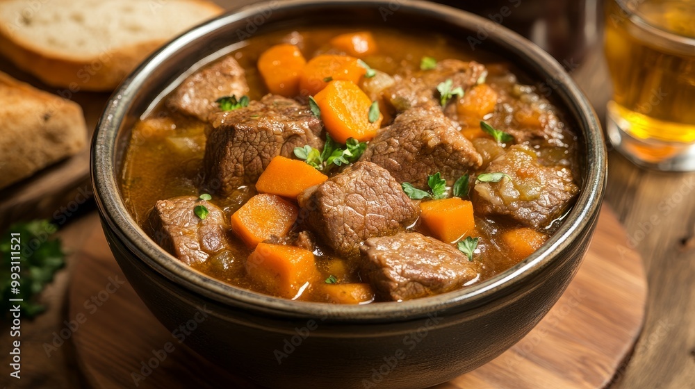 Traditional Irish Stew in a Cozy Pub: Hearty Lamb and Root Vegetables Served with Fresh Bread Traditional Irish Stew in a Cozy Pub: Hearty Lamb and Root Vegetables Served with Fresh Bread